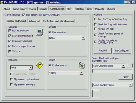 Muestra del panel de configuración del juego.